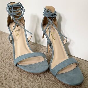 Lulu’s Aimee Slate Blue Suede Lace-Up Heels NWOT